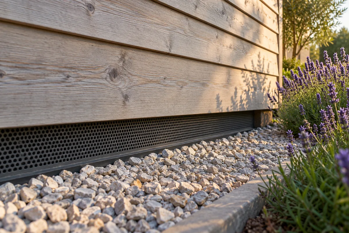 Pied d&rsquo;un bardage à clin avec garde au sol, lame d&rsquo;air et grille de ventilation