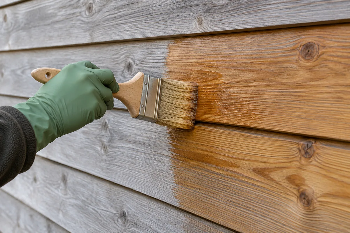 Application d&rsquo;un saturateur à la brosse sur des lames de bardage en bois légèrement grisées