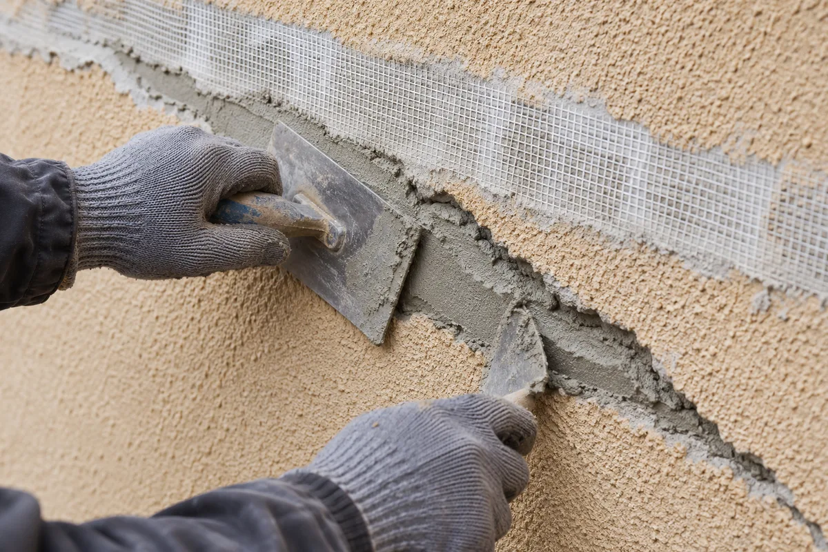 Mains gantées lissant un mortier de réparation dans une fissure ouverte en V sur un enduit ocre
