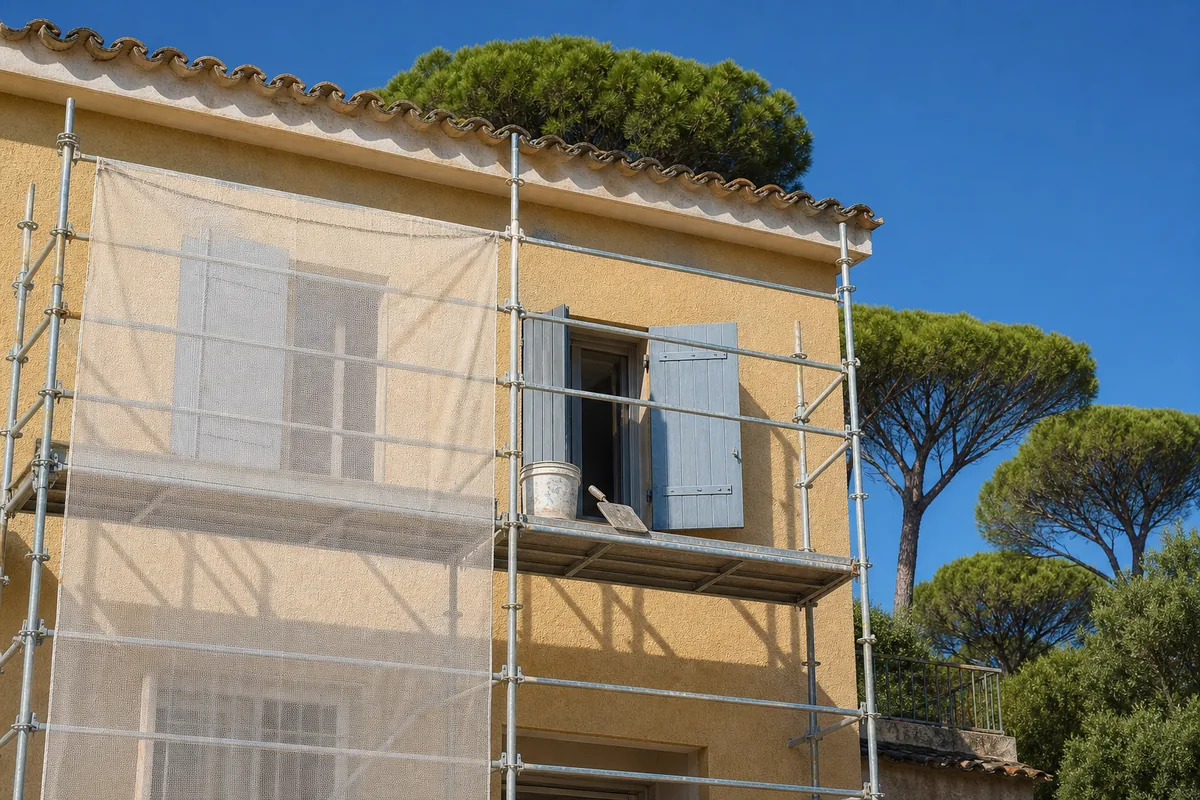 Façade de villa méditerranéenne en enduit gratté ocre sous échafaudage, ciel bleu et pins parasols