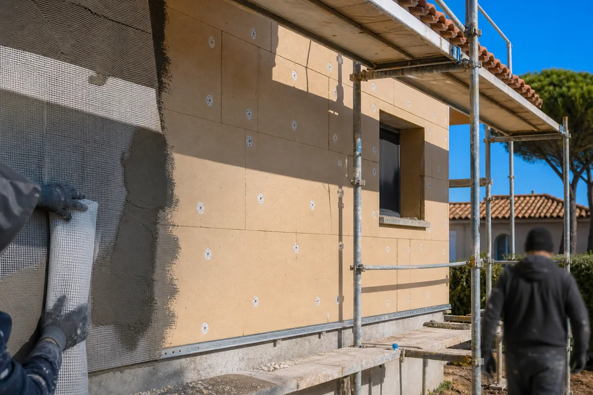 Pose de panneaux isolants et de treillis d’armature sur la façade sud d’une villa