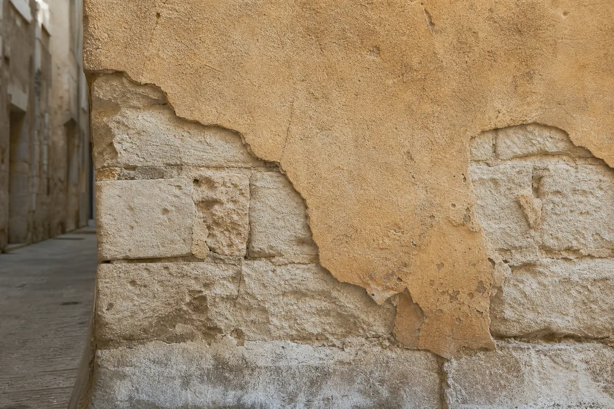 Façade en pierre calcaire d’une rue ancienne de Nîmes, enduit à la chaux partiellement dégarni