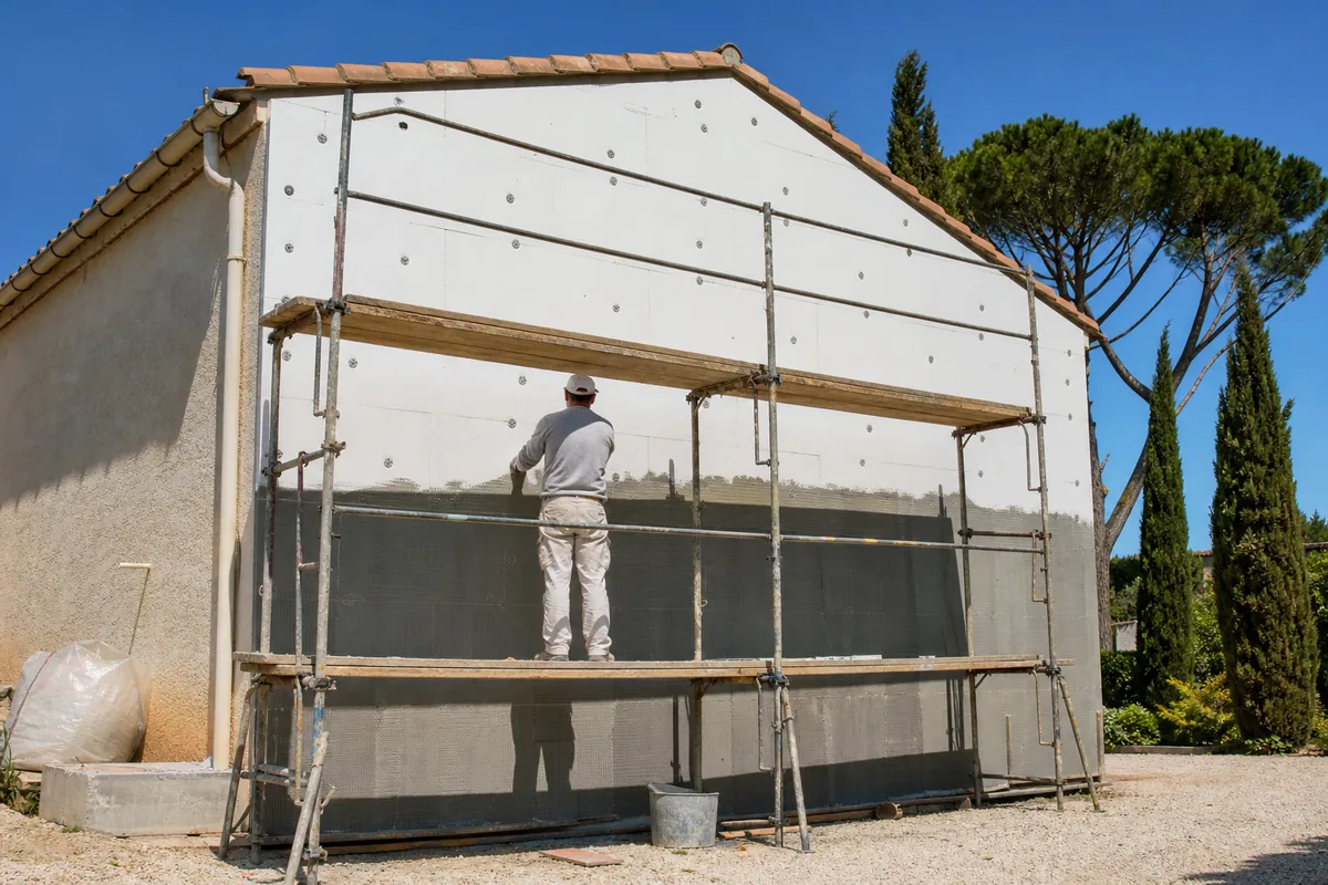 Panneaux isolants et treillis d’armature posés sur le pignon d’un pavillon gardois sous échafaudage