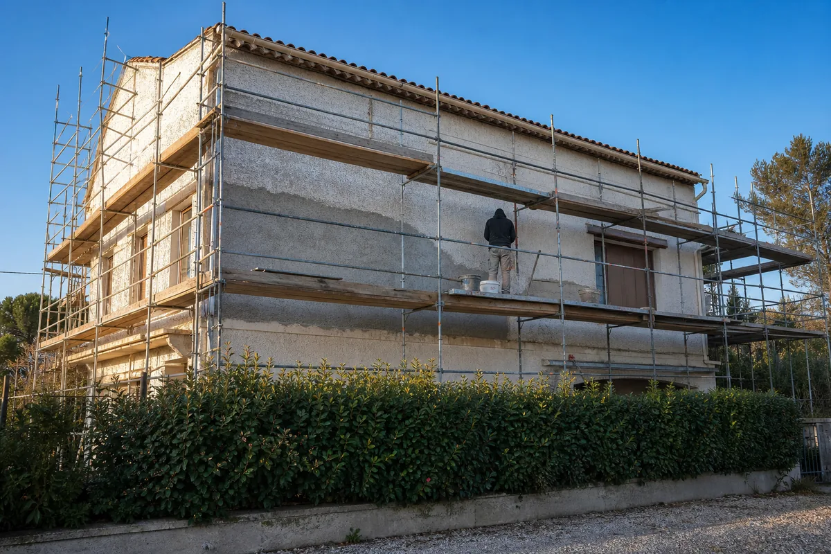 Façade de villa montpelliéraine en cours de ravalement derrière un échafaudage