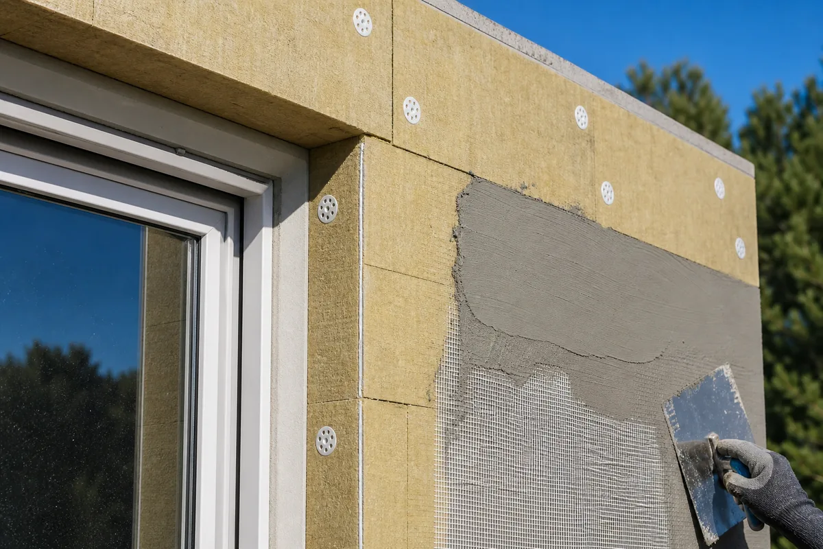 Panneaux isolants et treillis d’armature posés en tableau de fenêtre sur une façade