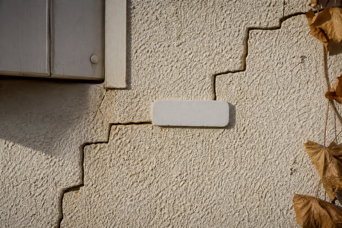 Fissure en escalier suivant les joints d’agglos sur l’enduit gratté d’une villa