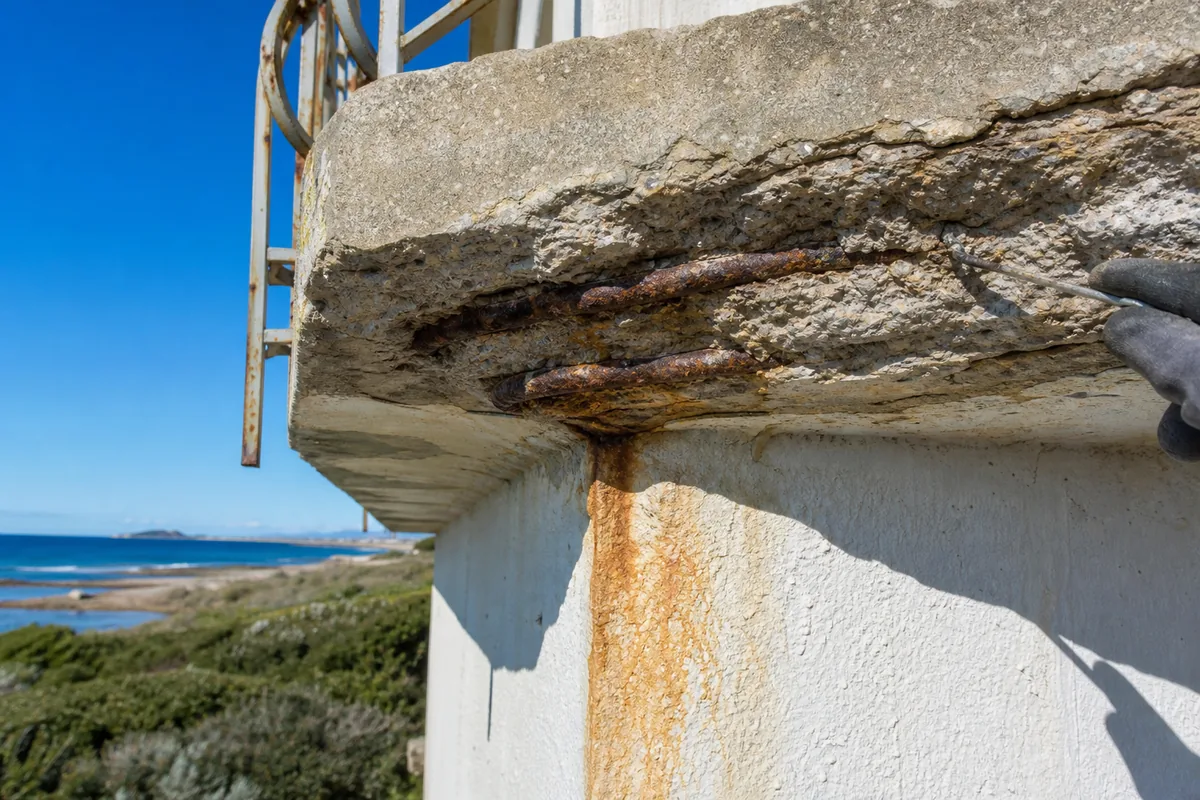 Sous-face de balcon épaufrée laissant apparaître des aciers corrodés sur une villa du littoral