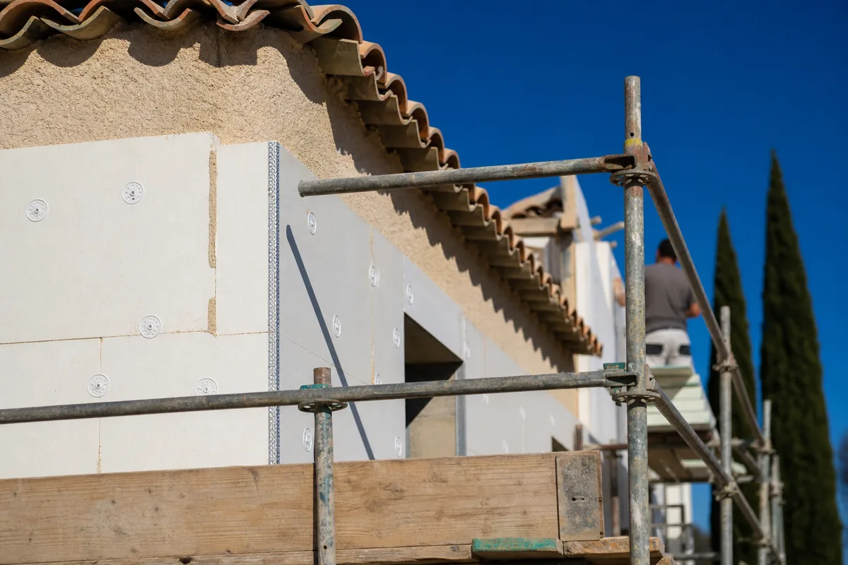 Villa méditerranéenne en cours d’isolation par l’extérieur, panneaux isolants posés sous échafaudage