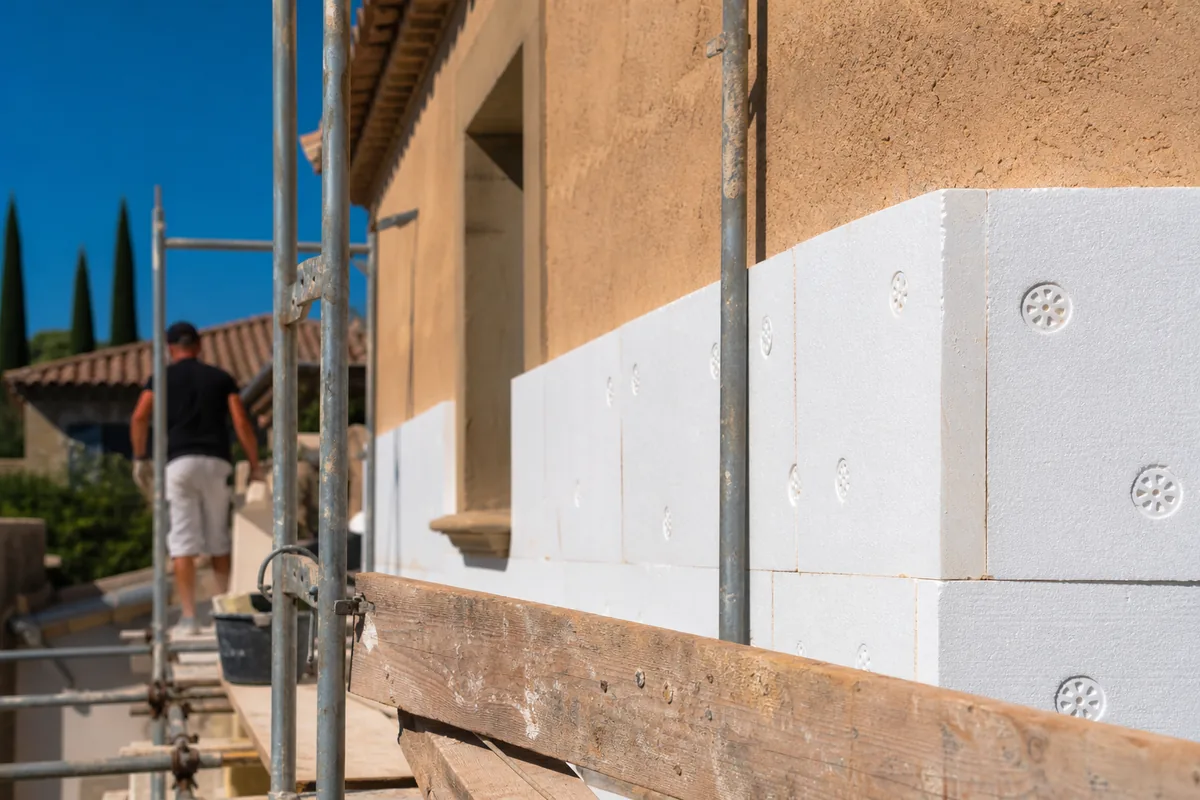 Façade d’une villa méditerranéenne des années 70 en cours d’isolation par l’extérieur, panneaux isolants posés et échafaudage dressé