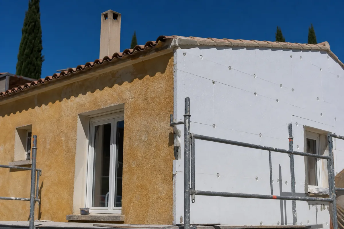 Villa montpelliéraine des années 70 en cours d’isolation par l’extérieur, panneaux isolants posés sur la moitié de la façade