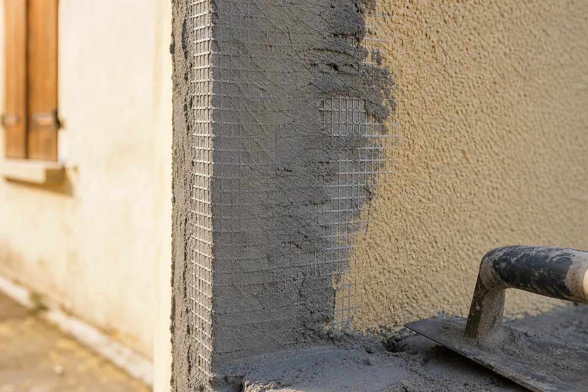 Gros plan sur un treillis d’armature marouflé dans le sous-enduit d’une façade isolée par l’extérieur
