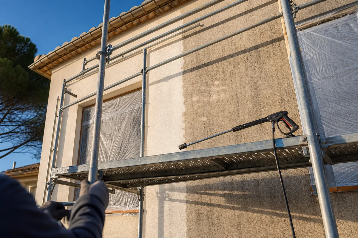 Échafaudage dressé devant une façade en cours de nettoyage, mur en partie décapé laissant voir l’enduit d’origine