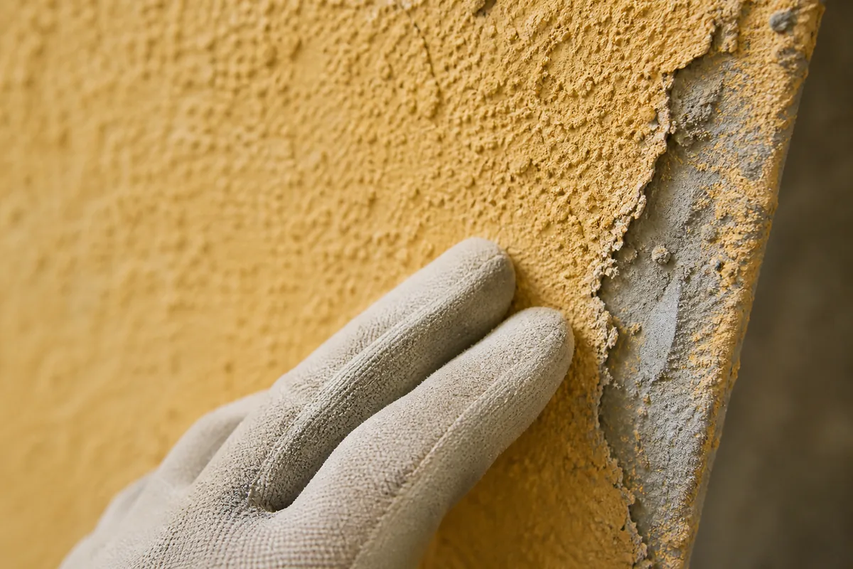 Gros plan d’un enduit monocouche gratté ocre qui farine et se micro-faïence sur un mur de villa