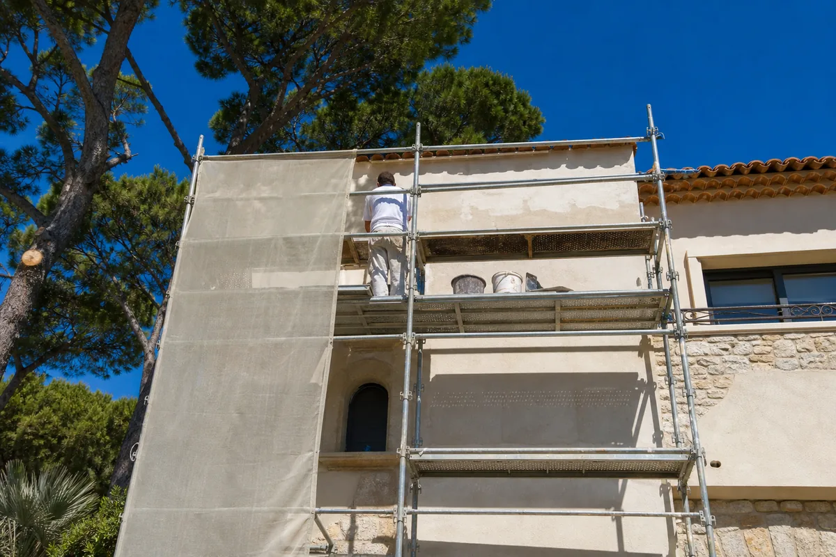 Échafaudage dressé devant une villa méditerranéenne en cours de ravalement, ciel bleu et pins parasols