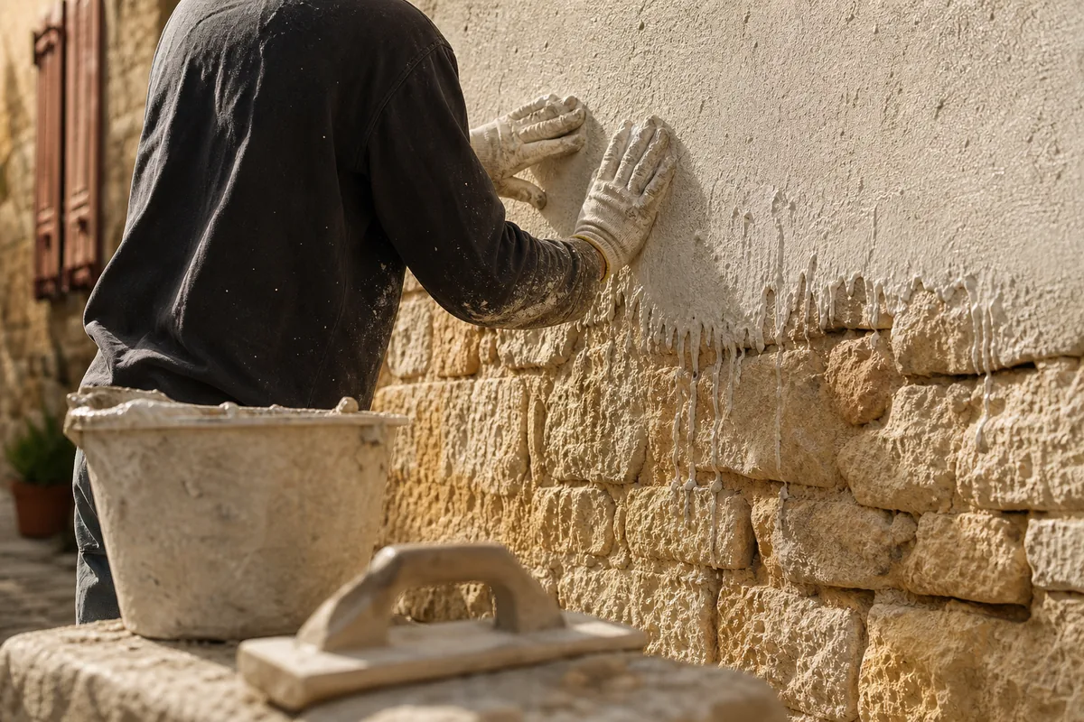 Mur de pierre calcaire d’une maison viticole héraultaise en cours de reprise à la chaux