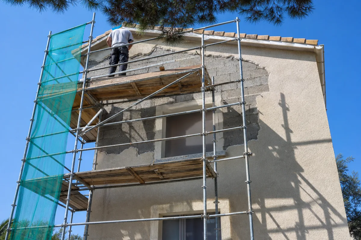 Échafaudage dressé devant une villa héraultaise dont l’enduit gratté est en cours de réfection