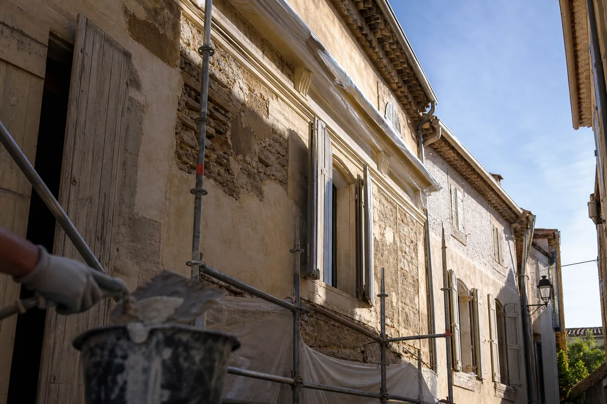 Maison de ville montpelliéraine sous échafaudage dans une rue étroite du centre ancien