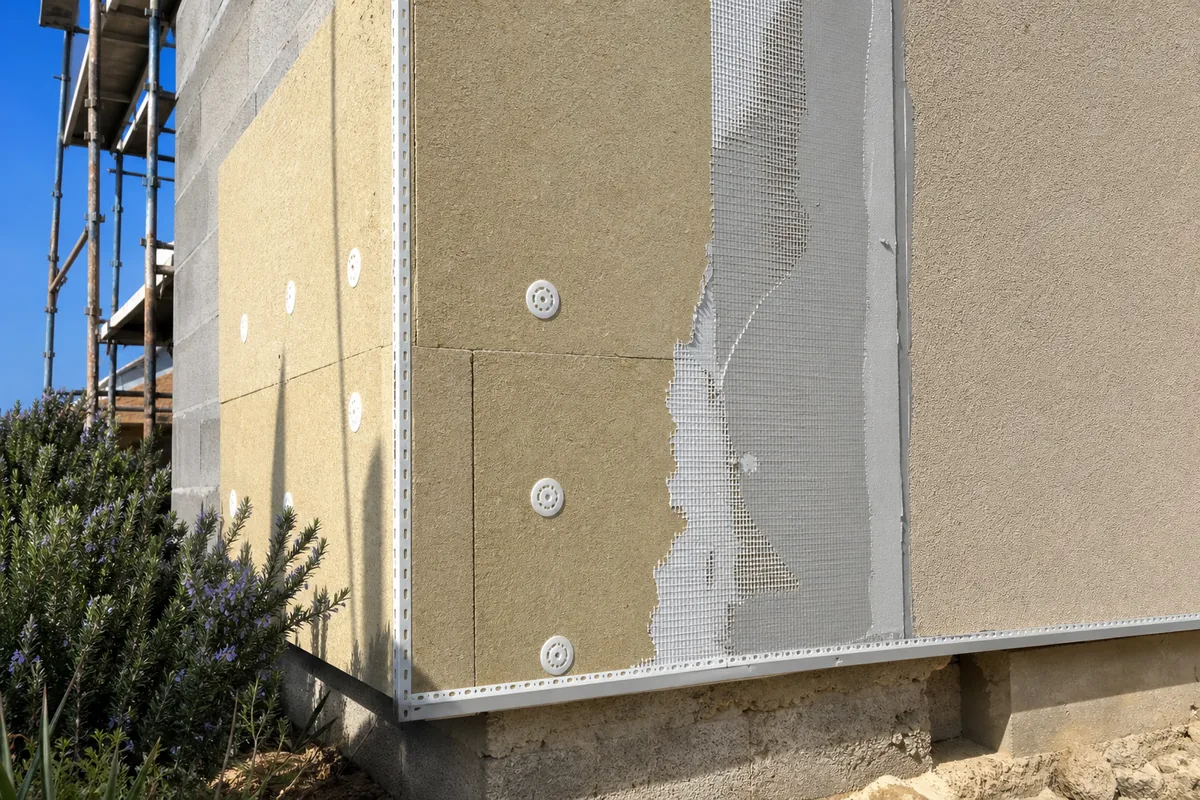 Panneaux isolants et treillis d’armature posés sur une façade de villa en cours d’isolation extérieure