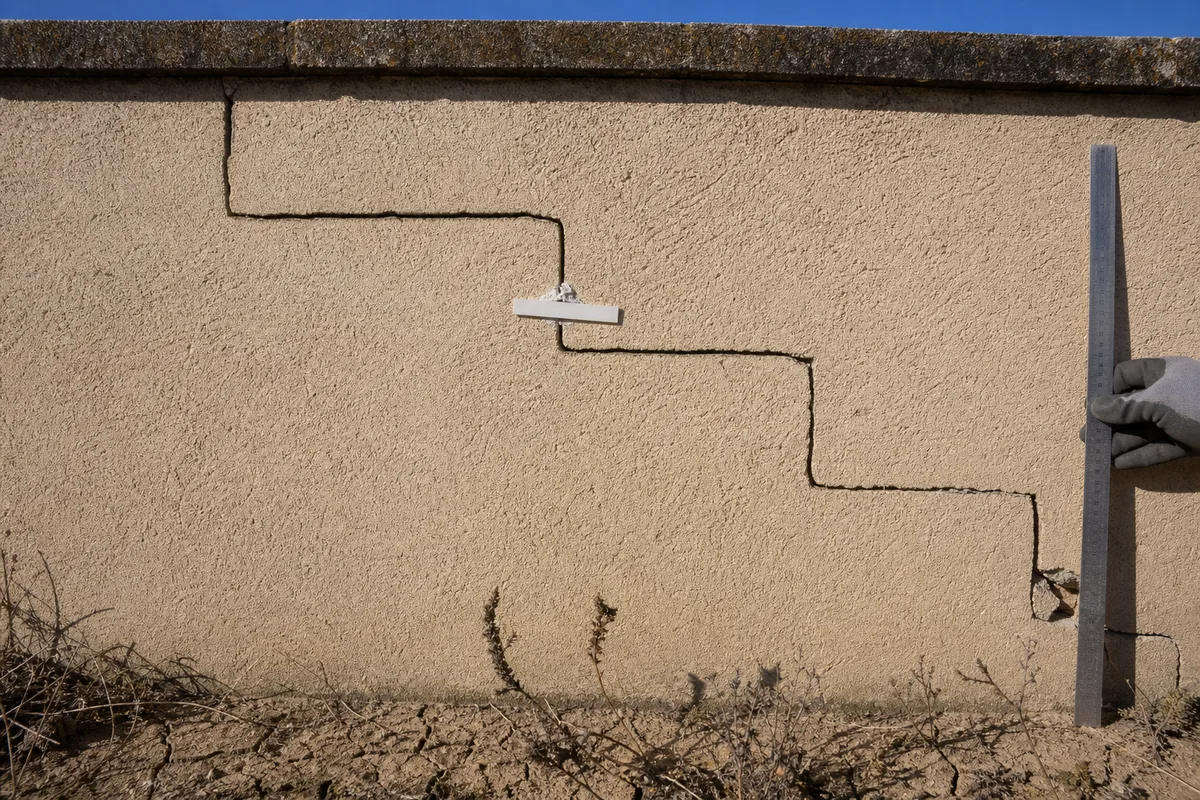 Fissure en escalier suivant les joints d’un mur d’agglos sous un enduit ocre